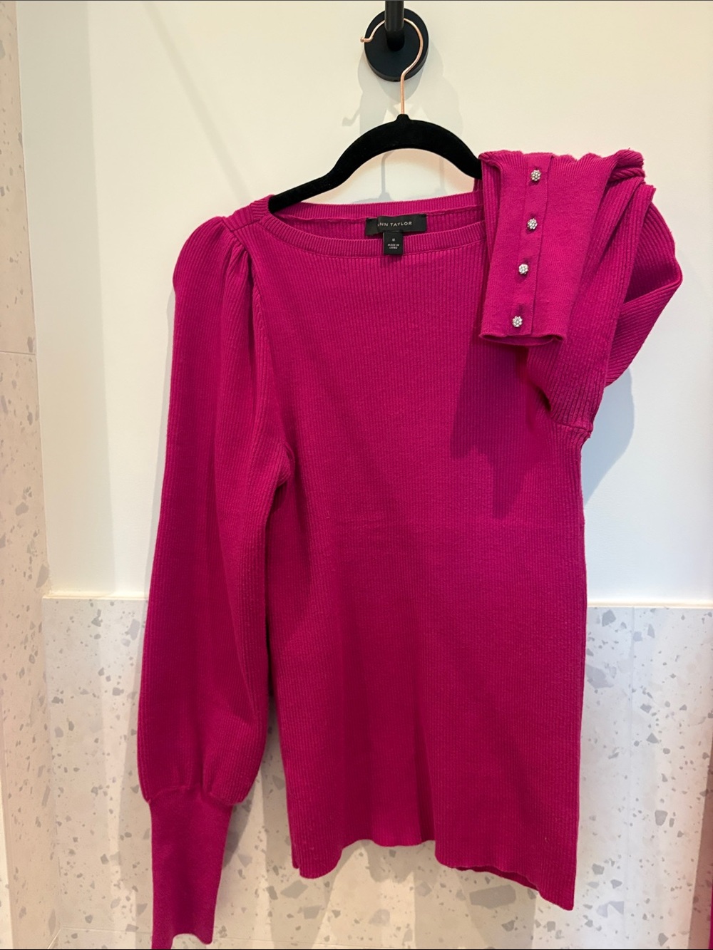 Ann Taylor Factory Bright Magenta Jewel-Cuff Puff Sleeve Sweater